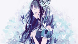Rule 34 | 1girl, aoi nabi, bare shoulders, black dress, black hair, blue nails, bow, bow earrings, bug, butterfly, butterfly hair ornament, closed eyes, closed mouth, dress, earrings, hair ornament, hand on own chest, indie virtual youtuber, insect, jewelry, long hair, nail polish, nucco, profile, simple background, solo, tears, upper body, virtual youtuber