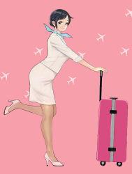 Rule 34 | 1girl, aircraft, airplane, black hair, blue eyes, blue nails, blue neckwear, bobobong, braid, braided bun, breasts, brown pantyhose, business suit, closed mouth, collared shirt, commentary, flight attendant, formal, french braid, from side, hair bun, high heels, highres, lips, looking at viewer, medium breasts, medium skirt, nail polish, original, pantyhose, parted bangs, patterned background, pencil skirt, pink background, pink footwear, shirt, short hair, simple background, skirt, skirt set, skirt suit, smile, solo, standing, standing on one leg, suit, suitcase, symbol-only commentary, travel attendant, uniform, white shirt, white skirt