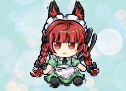Rule 34 | :3, animal ears, black bow, bow, braid, cat ears, cat tail, commentary, dress, english commentary, full body, fumo (doll), green dress, hair bow, highres, kaenbyou rin, kaenbyou rin (palace of the earth spirits&#039; pawsome helper), lis (lislisette), long hair, maid, maid headdress, multiple tails, nekomata, red eyes, red hair, side braids, tail, tokiame (style), touhou, touhou lostword, twin braids, two tails