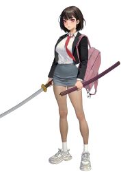 Rule 34 | 1girl, backpack, bag, bag charm, black jacket, brown hair, charm (object), commentary, covered navel, english commentary, full body, grey skirt, high-waist skirt, highres, holding, holding sword, holding weapon, hongcasso, jacket, katana, looking at viewer, necktie, oran (hongcasso), original, pink bag, pink eyes, red necktie, shirt, shoes, short hair, simple background, skirt, sneakers, socks, solo, standing, sword, weapon, white background, white footwear, white shirt, white socks