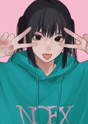Rule 34 | 1girl, absurdres, aqua hoodie, black eyes, black hair, commentary request, double v, hair between eyes, highres, k-on!, long hair, looking at viewer, nakano azusa, necosuna7l, pink background, sidelocks, simple background, solo, tongue, tongue out, twintails, upper body, v