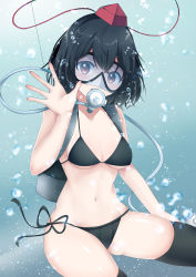 Rule 34 | 1girl, air bubble, bikini, black bikini, black hair, black thighhighs, bubble, commentary request, cowboy shot, diving mask, diving regulator, goggles, hat, highres, looking at viewer, ougi hina, pom pom (clothes), red eyes, scuba, scuba tank, shameimaru aya, side-tie bikini bottom, solo, swimsuit, thighhighs, tokin hat, touhou, underwater
