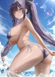 Rule 34 | 1girl, abpart, alternate breast size, ass, bare shoulders, bikini, blush, breasts, earrings, genshin impact, green eyes, highres, jewelry, large breasts, long hair, looking at viewer, mona (genshin impact), outdoors, side-tie bikini bottom, smile, solo, swimsuit, thighs, twintails, wading, water, wet