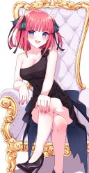 Rule 34 | 1girl, :d, bare legs, bare shoulders, black dress, black footwear, blue eyes, blush, breasts, cleavage, collarbone, commentary request, crossed legs, dress, earrings, fingernails, foot out of frame, go-toubun no hanayome, hair ribbon, hand on own knee, high heels, highres, jewelry, medium breasts, medium hair, nail polish, nakano nino, open mouth, pink hair, profnote, ribbon, sitting, sleeveless, sleeveless dress, smile, solo, throne, two side up