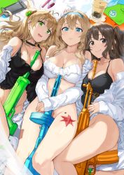 Rule 34 | 3girls, :d, absurdres, ahoge, assault rifle, bare shoulders, between legs, bikini, blue eyes, blue hairband, blush, bottomless, bow, breasts, brown eyes, brown hair, bullpup, choker, cleavage, closed mouth, collarbone, covering crotch, covering privates, creator connection, daewoo k2, double bun, frilled bikini, frills, frown, girls&#039; frontline, green eyes, groin, gun, hair between eyes, hair bow, hair bun, hair ornament, hairband, hairclip, handheld game console, hews, highres, holding, holding gun, holding weapon, jacket, k2 (girls&#039; frontline), long hair, long sleeves, looking at viewer, lying, medium breasts, multiple girls, off shoulder, official alternate costume, on back, open mouth, rfb (girls&#039; frontline), rifle, shiny skin, shirt, sidelocks, smile, snowflake hair ornament, starfish, submachine gun, suomi (girls&#039; frontline), suomi (midsummer pixie) (girls&#039; frontline), suomi kp/-31, swimsuit, tank top, thighs, water gun, weapon, white bikini, white shirt