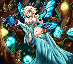 Rule 34 | 1girl, aqua dress, bare shoulders, belly, blonde hair, blue eyes, breasts, bug, butterfly, butterfly wings, centaurengine, collarbone, crown, curvy, dress, fairy, forest, freckles, gem, hair over one eye, insect, insect wings, jewelry, leaning on object, lips, long hair, long sleeves, looking at another, luma (mario), mario (series), medium breasts, nature, navel, nintendo, parted lips, plump, rosalina, sparkle, star (sky), star (symbol), strapless, strapless dress, super mario 3d world, super mario galaxy, wings