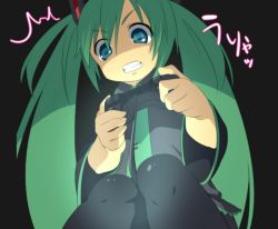 Rule 34 | 1girl, ^^^, bad id, bad pixiv id, blue eyes, clenched teeth, controller, from below, game console, game controller, green hair, hatsune miku, kiya machi, long hair, necktie, pantyhose, playing games, simple background, sitting, solo, teeth, twintails, vocaloid