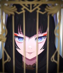 Rule 34 | 1girl, birdcage, black hair, blue eyes, blurry, blurry foreground, cage, camui1104, closed mouth, commentary request, eyeliner, eyeshadow, highres, long hair, looking at viewer, makeup, medium bangs, red eyeliner, red eyeshadow, revision, rindou aya (undead girl murder farce), severed head, smile, undead girl murder farce