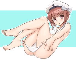 Rule 34 | 10s, 1girl, :o, ass, barefoot, bikini, bikini pull, blush, brown eyes, brown hair, butt crack, clothes pull, feet, hat, highres, kantai collection, looking at viewer, navel, open mouth, pulled by self, sailor bikini, sailor collar, sailor hat, short hair, shunichi, solo, swimsuit, undressing, white bikini, white hat, z3 max schultz (kancolle)