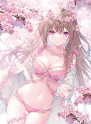Rule 34 | 1girl, blouse, blush, bra, braid, breasts, brown hair, cherry blossoms, cleavage, clothing cutout, cowboy shot, earrings, floral print, flower, flower earrings, flower trim, hair flower, hair ornament, head wreath, highres, jewelry, lace, lace-trimmed bra, lace-trimmed panties, lace trim, lingerie, long hair, looking at viewer, medium breasts, miwabe sakura, nail polish, navel, navel cutout, open clothes, open shirt, original, panties, pink bra, pink eyes, pink nails, pink panties, pink theme, shawl, shirt, single braid, smile, solo, underwear, white shawl, white shirt
