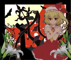 Rule 34 | 1girl, bat (animal), blonde hair, cross, crossed arms, fang, female focus, flandre scarlet, flower, grin, hat, nail polish, red eyes, red nails, side ponytail, smile, solo, touhou, tsukimido, wings