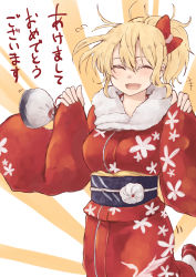Rule 34 | 1girl, :d, ^ ^, akeome, blush, bow, breasts, closed eyes, cowboy shot, facing viewer, floral print, flying sweatdrops, fur collar, hair between eyes, hair bow, happy, happy new year, highres, holding, japanese clothes, kimono, kinpatsu-chan (rucchiifu), large breasts, leg up, new year, obi, open mouth, original, ponytail, red bow, red kimono, rucchiifu, sash, smile, solo, translated, white legwear, wide sleeves