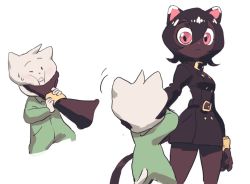 Rule 34 | 1boy, 1girl, animal ears, black hair, buttons, cat ears, cat tail, colo (nagrolaz), double-breasted, expressionless, furry, green jumpsuit, hair between eyes, held up, jumpsuit, original, pink eyes, short hair, simple background, tail, white background