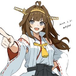 Rule 34 | 1girl, absurdres, ahoge, bigkwl, brown hair, dated, detached sleeves, double bun, gold hairband, grey eyes, hair bun, hairband, hand on own hip, headgear, highres, kantai collection, kongou (kancolle), kongou kai ni (kancolle), long hair, nontraditional miko, one-hour drawing challenge, open mouth, pointing, popped collar, ribbon-trimmed sleeves, ribbon trim, smile, solo, twitter username