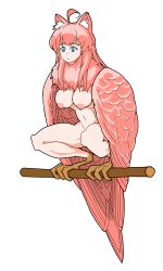 Rule 34 | 1girl, ahoge, animal ear fluff, animal ears, animal feet, bird legs, bird tail, blue eyes, breasts, capiocapan, cat ears, feathered wings, feathers, harpy, highres, medium breasts, monster girl, neck ruff, nipples, nude, original, pink feathers, pink hair, pink wings, simple background, solo, tail, white background, winged arms, wings
