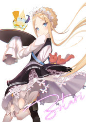 Rule 34 | 1girl, abigail williams (fate), abigail williams (festival outfit) (fate), black dress, black footwear, blonde hair, blush, braid, commentary request, dress, fate/grand order, fate (series), food, highres, holding, ice, long hair, looking at viewer, maid, official alternate costume, parted bangs, shoes, signature, simple background, sleeves past fingers, sleeves past wrists, smile, solo, stuffed animal, stuffed toy, teddy bear, tentacles, waffle, white background, white dress, zotari