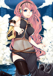 Rule 34 | 1girl, blue eyes, breasts, covered navel, detached sleeves, highres, long hair, loyproject, megurine luka, midriff, pink hair, sideboob, smile, solo, speaker, stomach, thighhighs, vocaloid, water