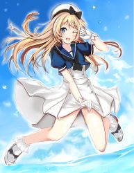 Rule 34 | 1girl, ;d, black neckerchief, blonde hair, blue eyes, blue sailor collar, dress, eriyama e, full body, gloves, hat, highres, jervis (kancolle), kantai collection, long hair, looking at viewer, mary janes, neckerchief, one eye closed, open mouth, sailor collar, sailor dress, sailor hat, shoes, short sleeves, smile, solo, white gloves, white hat