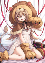 Rule 34 | 1girl, :d, animal hands, arm support, arms between legs, bibi (tokoyami towa), blush, brown hair, capelet, chestnut mouth, dincat, dress, frilled dress, frills, fur-trimmed capelet, fur trim, gloves, indie virtual youtuber, lion girl, lion hood, lion tail, long hair, looking at viewer, medium dress, on bed, open mouth, paw gloves, rurudo lion, sitting, smile, solo, spiked hair, sundress, tail, virtual youtuber, wariza, white dress, yellow eyes