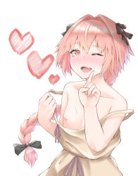 Rule 34 | 1boy, absurdres, astolfo (fate), bare shoulders, black bow, blush, bow, braid, commentary request, dress, fang, fate/grand order, fate (series), hair bow, hair intakes, hair ribbon, heart, highres, long hair, looking at viewer, male focus, multicolored hair, nipples, off shoulder, one eye closed, open mouth, pink hair, purple eyes, ribbon, simple background, single braid, smile, solo, streaked hair, trap, white background, yumoto motoyu