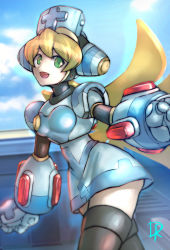 Rule 34 | 1girl, android, blonde hair, blue sky, breasts, cinnamon (mega man), cloud, commentary, english commentary, green eyes, headgear, highres, long hair, mega man (series), mega man x: command mission, mega man x (series), minster (dooke), nurse, open mouth, sky, small breasts, smile, solo, standing, thighhighs, zettai ryouiki