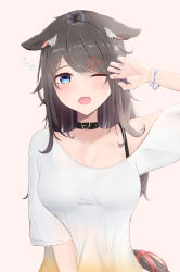 Rule 34 | 1girl, ;o, absurdres, animal ear fluff, animal ears, bad id, bad pixiv id, black hair, blue eyes, blush, bracelet, breasts, claw pose, collar, collarbone, fang, hair ornament, hairclip, hand up, heart collar, highres, inaka 44, jewelry, long hair, looking at viewer, medium breasts, off shoulder, one eye closed, open mouth, original, ribbon, shirt, solo, tail, tail ornament, tail ribbon, white shirt, wolf ears, x hair ornament
