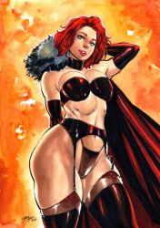 Rule 34 | 1girl, artist request, ass, black cape, black panties, breasts, cape, choker, curvy, garter straps, goblin queen, green eyes, highleg, highleg panties, highres, large breasts, leggings, madelyne pryor, marvel, navel, panties, red hair, revealing clothes, shiny skin, solo, thong, traditional media, underwear, underwear only, wide hips, x-men