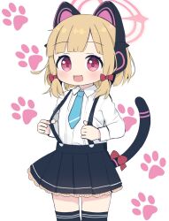 Rule 34 | 1girl, animal ear headphones, animal ears, black skirt, black thighhighs, blonde hair, blue archive, blue necktie, blush, bow, cat tail, collared shirt, cowboy shot, fake animal ears, hair bow, halo, headphones, highres, long sleeves, momoi (blue archive), necktie, open mouth, paw print, pink halo, pleated skirt, poco (zdrq3), red bow, red eyes, shirt, short hair, simple background, skirt, smile, solo, tail, thighhighs, white background, white shirt