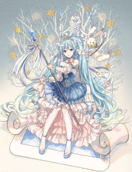 Rule 34 | 1girl, absurdly long hair, animal, bare shoulders, beamed eighth notes, blue eyes, blue footwear, blue hair, blush, bow, branch, cane, cape, commentary, crystal, curtains, detached sleeves, dress, dress bow, frilled skirt, frilled sleeves, frills, full body, hair ornament, hatsune miku, high heels, highres, holding, holding clothes, holding skirt, holding staff, ixima, light blush, lion, long hair, looking at viewer, musical note, pantyhose, princess, puffy detached sleeves, puffy sleeves, pumps, rabbit, ribbon, shoulder tattoo, sitting, skirt, sleeveless, sleeveless dress, slippers, smile, snow, snowflake hair ornament, snowflakes, staff, staff (music), statue, tattoo, throne, tiara, twintails, very long hair, vocaloid, yuki miku, yukine (vocaloid)