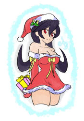 Rule 34 | 1girl, artist request, breasts, christmas, dress, filia (skullgirls), gift, hat, large breasts, red eyes, santa costume, santa dress, santa hat, skullgirls, solo, thick thighs, thighs