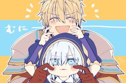 Rule 34 | 1boy, 1girl, :d, ^ ^, armor, ars almal, blonde hair, blue background, blue eyes, blue hair, blush stickers, brown gloves, cheek pull, closed eyes, detached sleeves, ex albio, gloves, hair between eyes, highres, hood, hood up, long sleeves, nijisanji, notice lines, open mouth, orange background, parted lips, pauldrons, purple sleeves, see-through, see-through sleeves, shoulder armor, signature, smile, sofra, translation request, two-tone background, upper body, v-shaped eyebrows, virtual youtuber