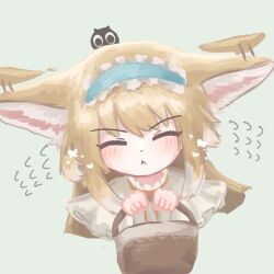 Rule 34 | 1girl, :&lt;, afterimage, animal ears, arknights, basket, blonde hair, blue hairband, blush, closed eyes, closed mouth, commentary, creature on head, dot nose, ear wiggle, facing viewer, fox ears, fox girl, frilled hairband, frills, grey background, hairband, heixiu, holding, holding basket, long hair, luo xiaohei zhanji, one-hour drawing challenge, oudonium, simple background, solo, suzuran (arknights), suzuran (spring praise) (arknights), upper body