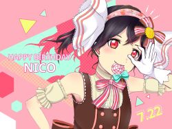 Rule 34 | 1girl, artist name, artist request, back bow, bare shoulders, black hair, blush, bow, breasts, brown bow, brown dress, candy, collared dress, dress, female focus, food, frilled dress, frills, fruit print, gloves, hair bow, highres, looking at viewer, love live!, love live! school idol festival, love live! school idol project, mouth hold, parted lips, puffy short sleeves, puffy sleeves, red eyes, ribbon, ryon (purin mogmog), short hair, short sleeves, small breasts, smile, solo, striped neckwear, striped ribbon, twintails, white gloves, yazawa nico