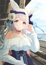 Rule 34 | 1girl, animal ear fluff, animal ears, arm up, blue skirt, blue sky, blurry, blurry background, breasts, choker, cloud, daisy, day, flower, hair flower, hair ornament, hair ribbon, hand in own hair, highres, indie virtual youtuber, kurou satsuki, large breasts, light particles, long hair, looking at viewer, mountainous horizon, off-shoulder shirt, off shoulder, outdoors, pink hair, raglan sleeves, railroad tracks, red choker, ribbon, road, sena (illust sena), shirt, skirt, sky, smile, solo, standing, striped clothes, striped skirt, swept bangs, train station, train station platform, underbust, upper body, very long hair, virtual youtuber, water, white shirt, wolf ears, yellow eyes