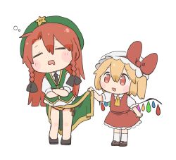 Rule 34 | 2girls, :d, = =, ascot, assisted exposure, blonde hair, blush, bow, braid, chibi, citrus (place), crossed arms, crystal, drooling, fang, flandre scarlet, full body, gold trim, hair ribbon, hat, hat bow, hong meiling, lifting another&#039;s clothes, long hair, mary janes, mob cap, mouth drool, multiple girls, no socks, one side up, open mouth, orange panties, panties, red bow, red eyes, red hair, red skirt, red vest, ribbon, shoes, short hair, simple background, skirt, skirt set, squeans, sleeping, smile, touhou, tress ribbon, twin braids, underwear, very long hair, vest, white background, wings, yellow ascot
