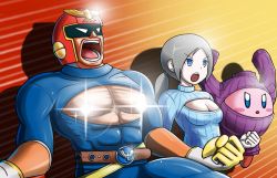 Rule 34 | abs, blue eyes, blush stickers, breasts, captain falcon, cleavage, cleavage cutout, clothing cutout, f-zero, helmet, kirby, kirby (series), meme attire, nintendo, open-chest sweater, open mouth, pale skin, pi (p77777778), super smash bros., sweater, turtleneck, wii fit, wii fit trainer, wii fit trainer (female)