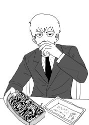 Rule 34 | 1boy, box, chair, commentary request, dirty, drink, drinking, food, formal, greyscale, holding, holding box, holding drink, looking at viewer, male focus, mob psycho 100, monochrome, necktie, one (artist), reigen arataka, shirt, simple background, solo, suit, takoyaki