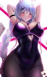Rule 34 | 1girl, alternate breast size, animal ears, arms behind head, arms up, black leotard, blue hair, braid, breasts, card, closed mouth, clothing cutout, commentary request, covered navel, curvy, detached sleeves, hair between eyes, hair ornament, heart cutout, highres, hololive, large breasts, leotard, long hair, looking at viewer, mature female, mychadum, pekomama, playboy bunny, playing card, rabbit ears, rabbit hole (vocaloid), simple background, smile, solo, very long hair, virtual youtuber, vocaloid, white background, wide hips, x hair ornament