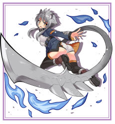 Rule 34 | 1girl, animal ears, ashroa (cougar1404), ass, black thighhighs, blue coat, boots, breast cutout, brown footwear, cat ears, cat girl, cat tail, coat, commentary, cougar (cougar1404), foreshortening, grey hair, grey shorts, huge weapon, jumping, leg up, long sleeves, looking at viewer, looking back, micro shorts, open mouth, original, short hair, shorts, sidelocks, solo, sword, tail, thighhighs, weapon, yellow eyes