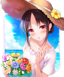 Rule 34 | 1girl, black hair, blush, bouquet, commentary request, day, dress, flower, folded ponytail, hair ribbon, holding, holding bouquet, kaguya-sama wa kokurasetai ~tensai-tachi no renai zunousen~, looking at viewer, outdoors, parted bangs, red eyes, red flower, red ribbon, ribbon, shinomiya kaguya, solo, tatenayua, white dress, yellow flower