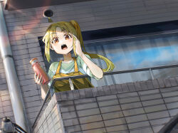 Rule 34 | 1girl, ahoge, apron, balcony, blonde hair, bocchi the rock!, bottle, brown apron, brown eyes, calling, commentary request, dutch angle, from below, funi mu9, green shirt, hand up, high side ponytail, highres, holding, holding bottle, ijichi nijika, lens flare, long hair, looking at viewer, open mouth, orange eyes, outdoors, parted bangs, shirt, short sleeves, sidelocks, solo, standing, t-shirt, upper body, yellow apron