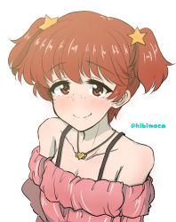 Rule 34 | 1girl, alisa (girls und panzer), blush, bra strap, brown eyes, brown hair, casual, closed mouth, commentary, freckles, girls und panzer, hair ornament, heart, heart necklace, highres, jewelry, kibimoka, light blush, looking at viewer, necklace, off-shoulder shirt, off shoulder, one-hour drawing challenge, shirt, short hair, short twintails, simple background, smile, solo, star (symbol), star hair ornament, twintails, twitter username, upper body, white background