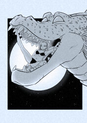 Rule 34 | 1girl, android 18, armpits, bikini, breasts, commentary, dragon ball, dragonball z, english commentary, full moon, greyscale, highres, imminent vore, large breasts, monochrome, moon, navel, pink mousse, sharp teeth, shenron (dragon ball), sky, spread legs, star (sky), starry sky, swimsuit, teeth