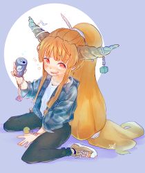 Rule 34 | 1girl, alternate costume, beer can, black pants, blue background, blue jacket, brown footwear, can, chain, commentary request, contemporary, drink can, drunk, full body, highres, holding, holding can, horns, htk mikan, ibuki suika, jacket, long hair, long sleeves, looking at viewer, orange hair, pants, pointy ears, ponytail, red eyes, shirt, shoes, sitting, smile, solo, squeans, touhou, very long hair, wariza, white shirt