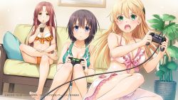Rule 34 | 3girls, artist request, barefoot, bikini, blonde hair, blue hair, blush, breasts, brown hair, cable, cleavage, controller, copyright name, couch, drinking, feet, female focus, frilled bikini, frills, game controller, gamers!, green bikini, green eyes, hair between eyes, hair ornament, highres, hoshinomori chiaki, indoors, knees together feet apart, large breasts, long hair, medium breasts, multiple girls, official art, ooiso niina, open mouth, orange bikini, parted bangs, pink bikini, plaid, plaid bikini, plant, playing games, playstation controller, polka dot, polka dot bikini, purple eyes, serious, short hair, sitting, soles, swimsuit, tendou karen, toes, yellow eyes