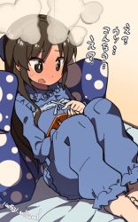 Rule 34 | 1girl, barefoot, bed, blush, brown hair, copyright request, feet, full-face blush, long hair, pajamas, pillow, sitting, solo, steam, text focus, translation request