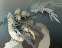 Rule 34 | 1boy, 1girl, artist name, barefoot, demizu posuka, dress, grey eyes, grey hair, harpy, holding, in palm, mini person, minigirl, monster girl, multiple wings, original, simple background, sitting, size difference, smile, solo focus, wings
