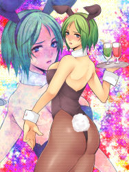 Rule 34 | 1girl, animal ears, ass, blue eyes, detached collar, drink, fake animal ears, fishnet pantyhose, fishnets, from behind, green hair, highres, leotard, miura hajime, original, pantyhose, parted lips, playboy bunny, rabbit ears, rabbit tail, short hair, tail, tray, wrist cuffs, zoom layer