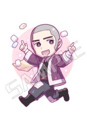Rule 34 | 1boy, :d, arms up, belt, belt buckle, black footwear, black vest, boots, buckle, buzz cut, chibi, collar, collared shirt, commentary, facial hair, full body, goatee, golden kamuy, grey hair, grey pants, inputanimeoutput, jacket, long sideburns, looking at viewer, lowres, male focus, open clothes, open mouth, pants, purple jacket, running, sample watermark, shiraishi yoshitake, shirt, short hair, sideburns, smile, solo, transparent background, very short hair, vest, watermark, white shirt
