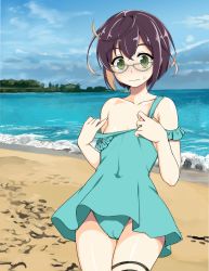 Rule 34 | 10s, 1girl, aqua-framed glasses, asaga aoi, bare shoulders, beach, blonde hair, blue-framed eyewear, blush, breasts, brown hair, cameltoe, casual one-piece swimsuit, cleft of venus, day, embarrassed, green eyes, kantai collection, multicolored hair, ocean, okinami (kancolle), one-piece swimsuit, short hair, small breasts, solo, strap slip, swimsuit, wavy mouth